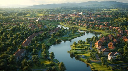 Fototapeta premium Aerial view of a serene landscape with a river and residential area.