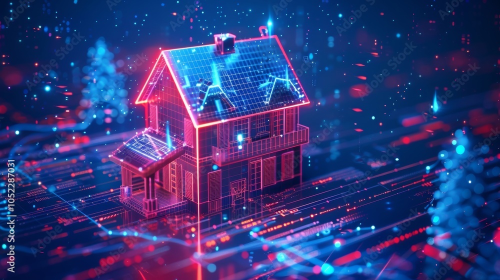 Poster glowing lines and data points create a futuristic cityscape with a wireframe house and solar panels,