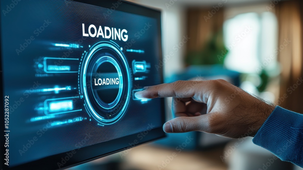 Poster a man's hand is pointing at the screen with an icon of a loading bar and the text 