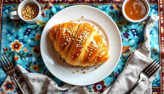 Traditional Polish "Rogal Świętomarciński" Croissant with Glaze and Nuts (Polish Cuisine)