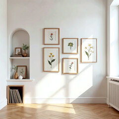 Minimalist Wall Gallery with Botanical Prints and Built-in Alcove