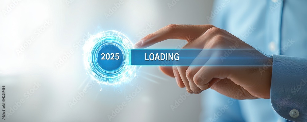 Poster a hand interacts with a futuristic circular loading display for 2025, symbolizing progress, technolo