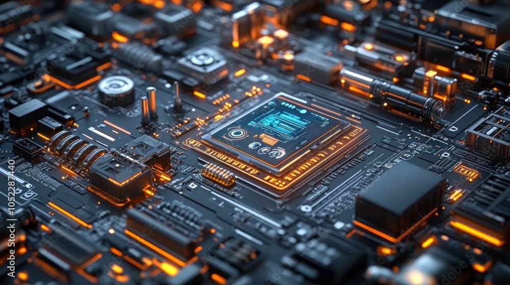 Poster a close-up of a futuristic circuit board with glowing elements.