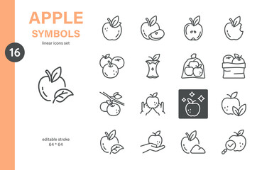 Apple Symbol Icon Set. Thin Line Illustrations of Apples, Harvesting, Baskets, and Core Representing Fruit Symbolism and Fresh Produce
