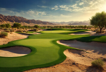 Artificial golf course in the middle of the desert. Generative AI