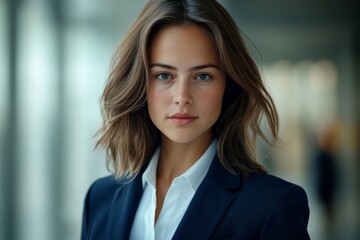 Obraz premium A confident young woman dressed in business attire poses in a well-lit office with sleek architecture