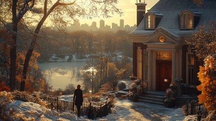 A person walks up a snow-covered path towards a large house with a red door, overlooking a lake and city skyline in the distance.