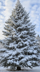 Majestic Snow-Laden Spruce Tree Against Blue Winter Sky 