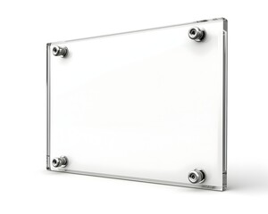Blank Transparent Acrylic Sign with Sleek Silver Accents on White Background