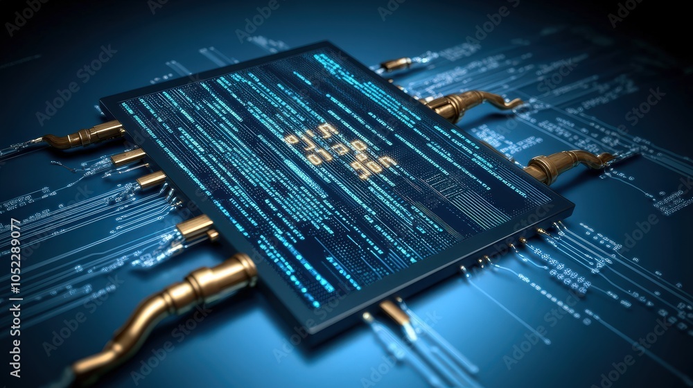 Poster digital technology background with code and circuitry