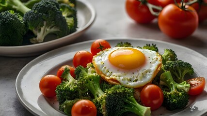 Fried egg with vegetables, healthy organic farmer's meal photo, simple local homemade food