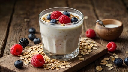 Yogurt with oats and fresh berries, healthy homemade breakfast on wooden table