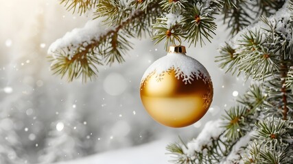 Golden Christmas bauble on a fir branch close-up photo, winter holidays decorations