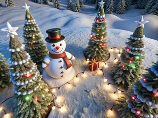 Aerial Winter Wonderland with Snowman, Trees, and Christmas Lights for Festive Backgrounds