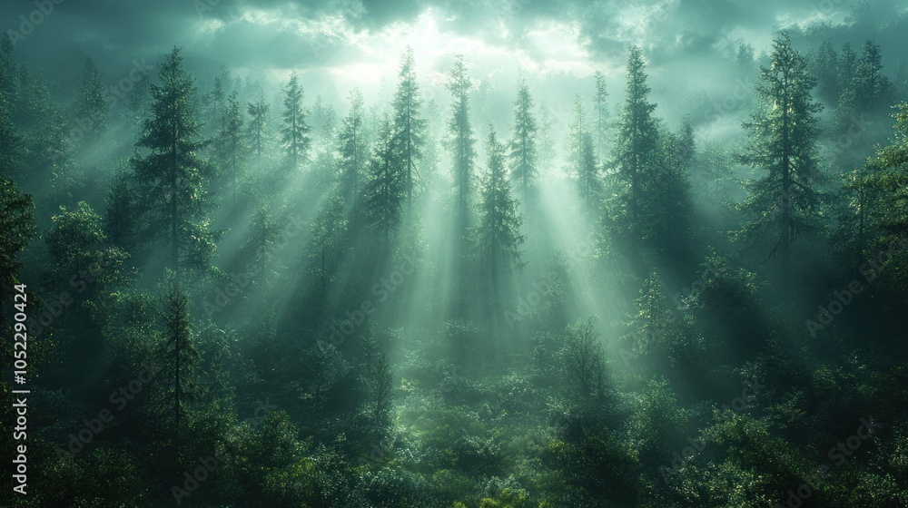 Poster ethereal forest with sunlight filtering through misty trees.