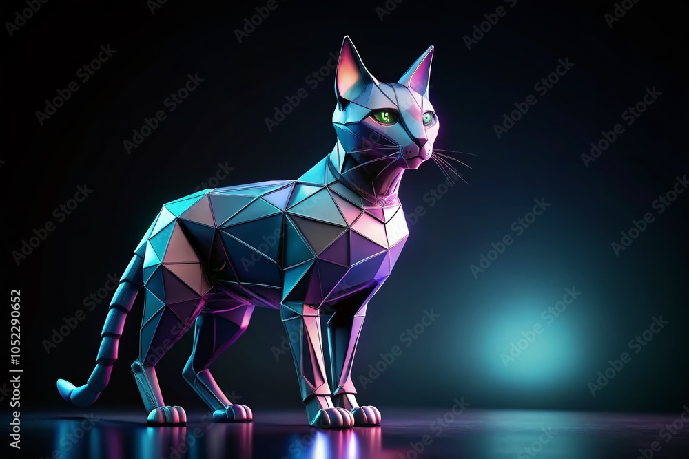 Poster ai robot cat 3d polygon model on black background for creative projects and technology themes