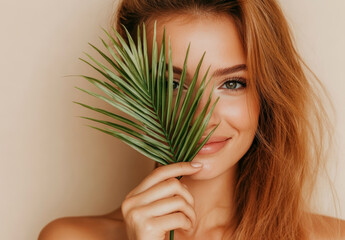 Naklejka premium A young woman enjoys a lighthearted moment, hiding a smile behind a tropical leaf while radiating joy in a softly lit environment