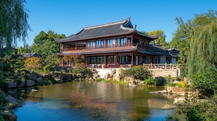 Fototapeta premium Chinese-style building, close-up view of the house, with a small river in front of house and blue sky.