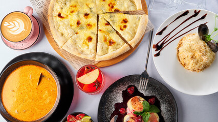 Assortment of dishes from different countries of the world. Food and snacks.
