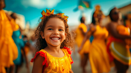 Smiling hispanic girl in vibrant carnival outfit enjoying festive celebration. 