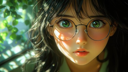 Fototapeta premium A close-up of a girl with glasses and striking green eyes looking thoughtfully while surrounded by natural light indoors