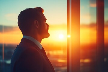 Fototapeta premium A man stands in profile, lost in thought as he watches the sun set over the city, casting warm colors through the glass