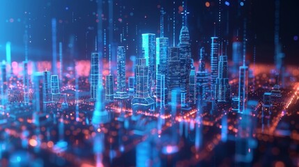 Obraz premium Glowing digital lines are forming a futuristic cityscape, showcasing the concept of smart cities and the integration of technology and urban development