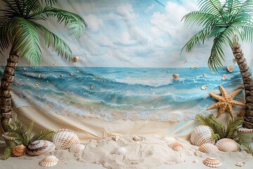 A vibrant beach backdrop featuring palm trees, sparkling waves, and seashells, ideal for creative photo shoots or events