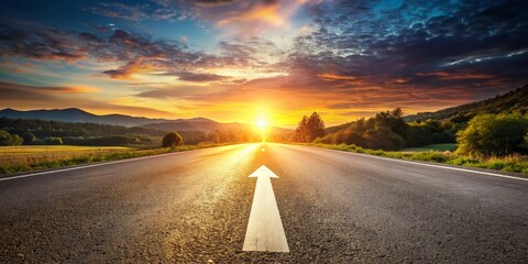 Asphalt Road with Arrow Leading Forward at Sunset - Symbol of Progress and Life's Journey
