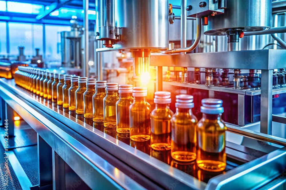 Poster automated production of experimental drug vials in a factory setting with low-poly line art overlay