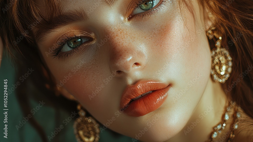 Wall mural close-up portrait of a young woman with striking green eyes and soft makeup, adorned with elegant je