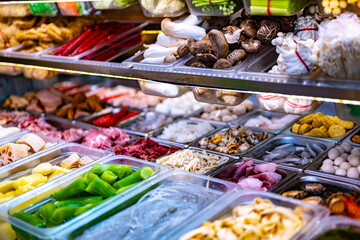 Fototapeta premium Food ingredients and dishes sold in a singapore restaurant