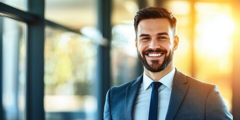 Fototapeta premium A well-dressed man smiles warmly in a contemporary office, illuminated by natural light filtering through large windows