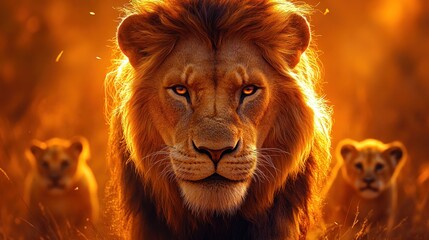 Fototapeta premium A powerful male lion with two cubs in the background, backlit by a golden sunset.