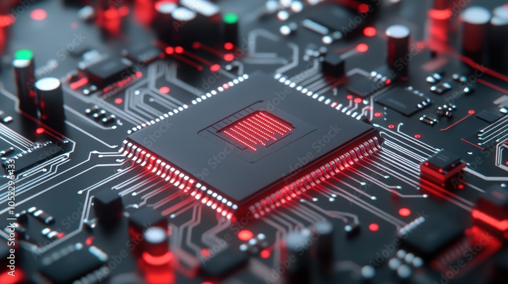 Poster futuristic circuit board with red glowing chip technology abstract background
