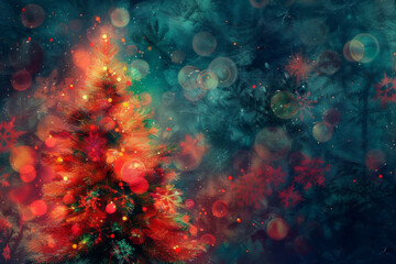 Obraz premium Close-up of Christmas tree branches with red ornaments and golden bokeh lights.