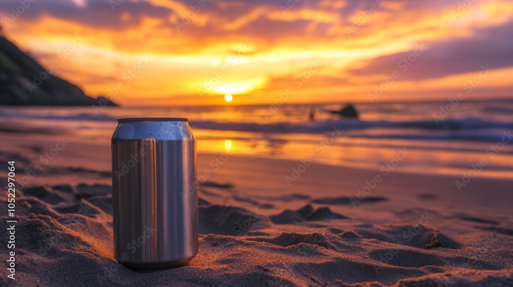 Poster a single, silver can stands on a sandy beach. the setting sun casts a warm glow over the scene, crea