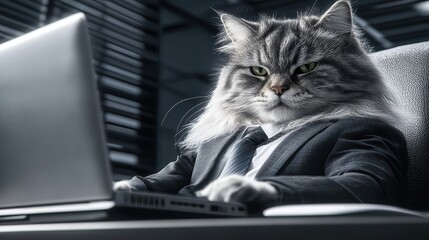 A cat in a business suit working diligently on a laptop at a modern office desk during the day