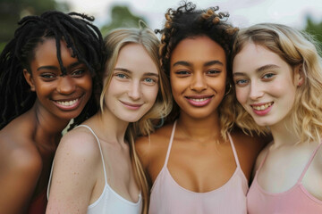 Obraz premium Diverse group of four smiling young women close together, outdoors.