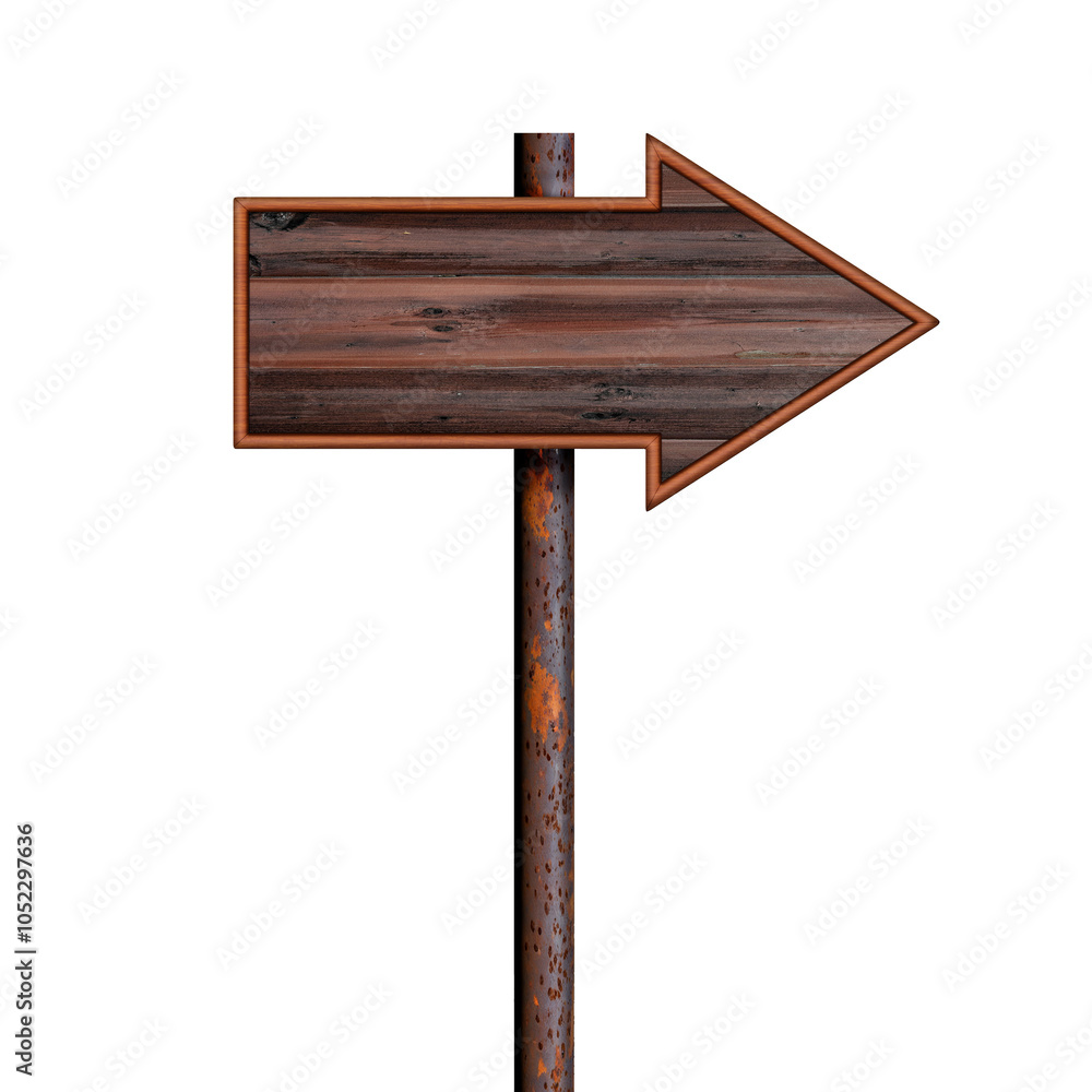 Poster empty shooter sign made of dark boards hangs on rusty pole. direction indicator. arrow sign isolated