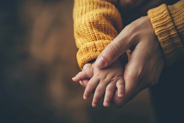 Close-up of an adult's and a child's hands together showing a warm family bond.