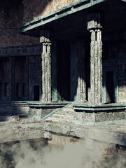 Ruins of an ancient Egyptian temple with stone steps, columns and arches. 3D render. Made from 3D resources and painted elements. No AI used.