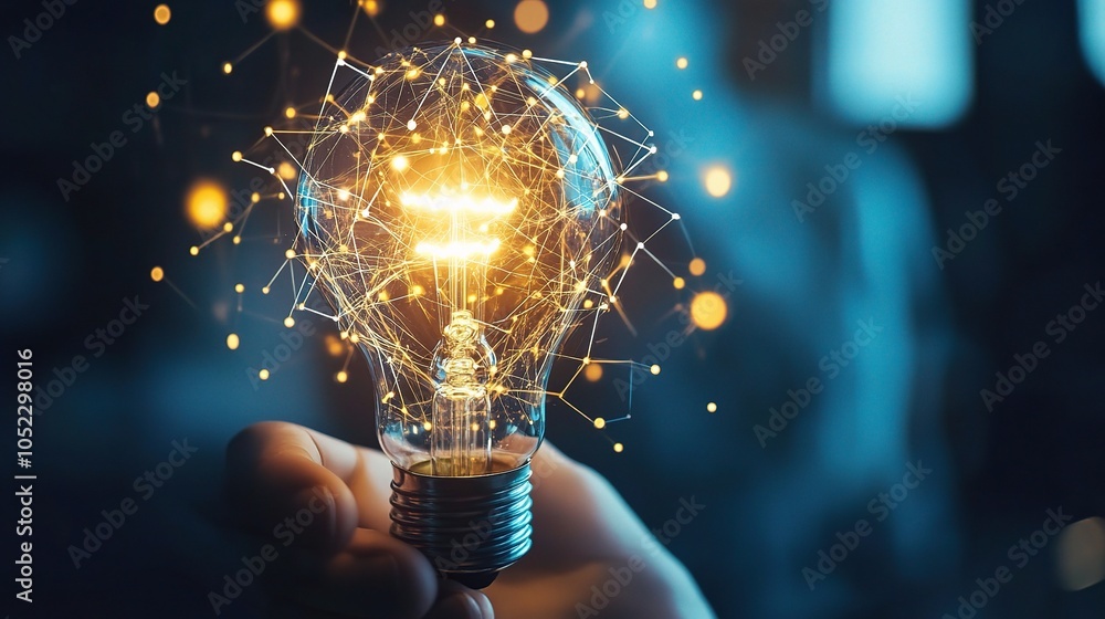 Poster bright idea concept with illuminating light bulb