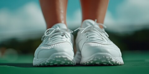 Naklejka premium Closeup of White Tennis Shoes on Green Court