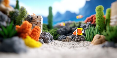 Colorful Fish Swimming in a Miniature Coral Reef Scene with Stone Wall and Lush Plants