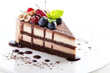 Cake dessert, a beautifully plated slice of cake with garnishes, ready to be served,