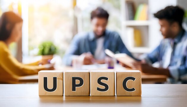 UPSC Wooden Cubes with Student Studying in Background &ndash; Exam Preparation Concept