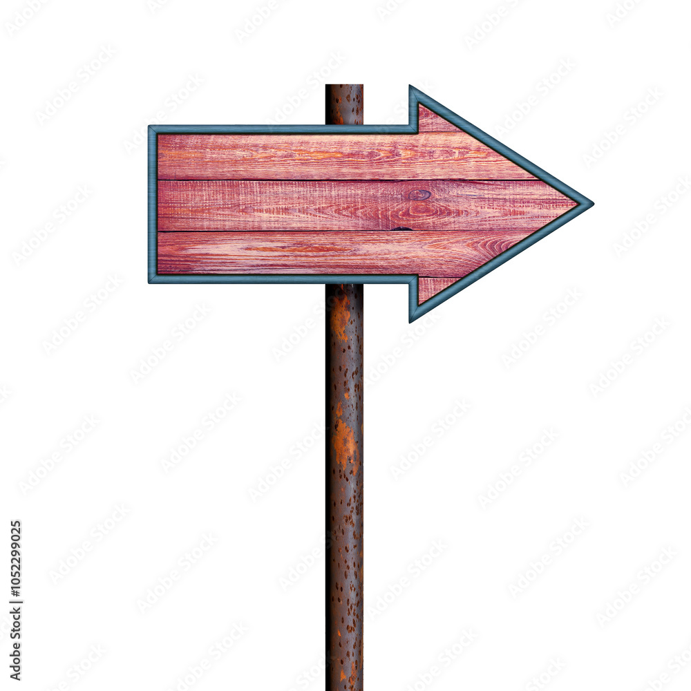 Poster empty marksman's sign made from rough planks hangs on rusty pole. direction indicator. arrow sign is
