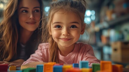 Obraz premium playful scene of a young girl in a pink shirt learning with colorful blocks at a table, with a woman observing, creating a warm, nurturing atmosphere filled with creativity and joy