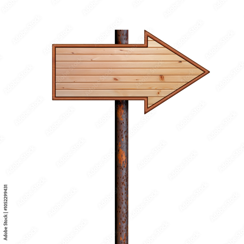 Poster blank shooter sign made from boards hangs on rusty pole. direction indicator. arrow sign isolated on